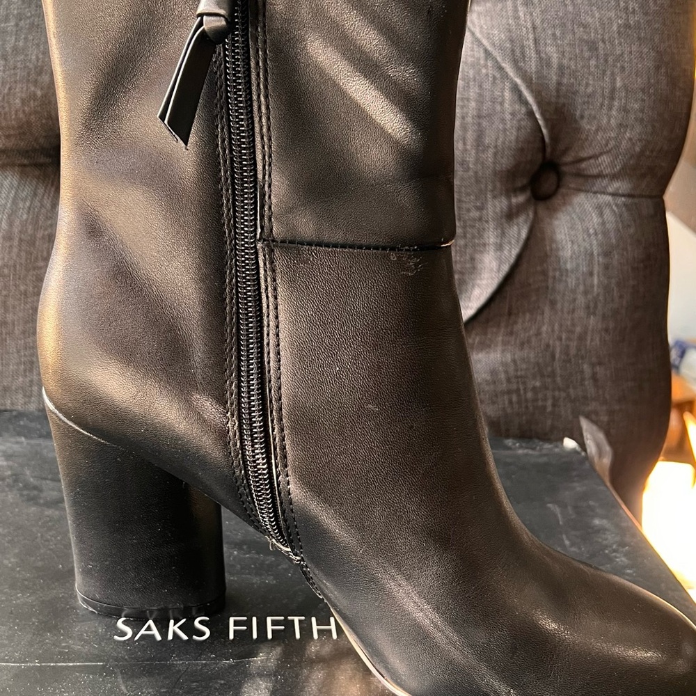 Saks Fifth Avenue Black Leather Ankle Booties with Wedge Heel - Picture 2 of 7